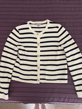 J. Crew White and Navy Striped Button Cardigan with Gold Buttons